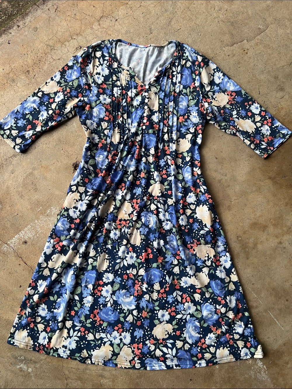 Floral Navy Blue A-Line Dress with Blue & Cream Blooms -with pockets